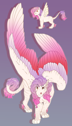 Size: 1514x2652 | Tagged: safe, artist:seffiron, imported from derpibooru, oc, oc only, oc:lavender wings, hybrid, colored wings, female, gradient background, interspecies offspring, magical lesbian spawn, multicolored wings, offspring, parent:fluttershy, parent:sphinx (character), solo, wings