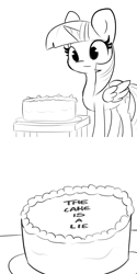 Size: 3000x6000 | Tagged: safe, artist:tjpones, artist:tjpones edits, edit, imported from derpibooru, twilight sparkle, alicorn, pony, 2 panel comic, absurd resolution, black and white, black forest cake, cake, comic, female, food, grayscale, mare, message, monochrome, portal (valve), simple background, solo, the cake is a lie, twilight sparkle (alicorn), white background