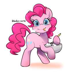 Size: 894x906 | Tagged: safe, artist:haden-2375, imported from derpibooru, pinkie pie, earth pony, pony, batter, bowl, cute, diapinkes, food, licking, licking lips, looking at you, mixing, mixing bowl, simple background, solo, tongue out, whisk, white background