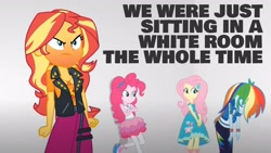 Size: 1920x1080 | Tagged: safe, edit, edited screencap, editor:quoterific, imported from derpibooru, screencap, fluttershy, pinkie pie, rainbow dash, sunset shimmer, equestria girls, equestria girls series, rollercoaster of friendship, angry, crossed arms, geode of empathy, geode of fauna, geode of sugar bombs, geode of super speed, magical geodes, obligatory pony, rageset shimmer, white room