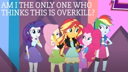 Size: 1920x1080 | Tagged: safe, edit, edited screencap, editor:quoterific, imported from derpibooru, screencap, fluttershy, pinkie pie, rainbow dash, rarity, sunset shimmer, equestria girls, friendship games