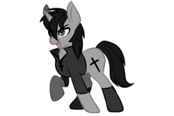 Size: 1200x800 | Tagged: safe, artist:ruchiyoto, imported from derpibooru, oc, oc only, oc:black cross, pony, unicorn, derpibooru community collaboration, 2021 community collab, boots, clothes, crucifix, edgy, jacket, male, shoes, simple background, solo, stallion, transparent background