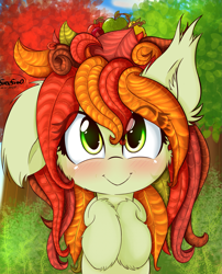 Size: 2019x2500 | Tagged: safe, artist:freefraq, imported from derpibooru, oc, oc only, oc:flower, original species, plant pony, pony, apple, blushing, cute, eye clipping through hair, female, fluffy, food, leaves, looking at you, plant, smiling, solo, weapons-grade cute