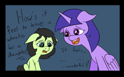 Size: 922x576 | Tagged: safe, artist:happy harvey, imported from derpibooru, twilight sparkle, oc, oc:filly anon, alicorn, earth pony, dialogue, donnie darko, drawn on phone, female, filly, floppy ears, mare, movie reference, phone drawing, sad, simple background, twilight sparkle (alicorn)