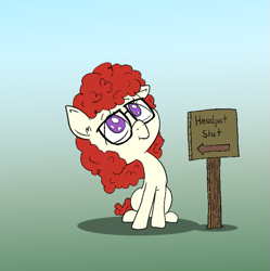 Size: 747x749 | Tagged: safe, artist:happy harvey, imported from derpibooru, twist, earth pony, colored pupils, drawn on phone, ear fluff, female, filly, floppy ears, glasses, head pat, looking up, pat, phone drawing, sign, sitting, vulgar