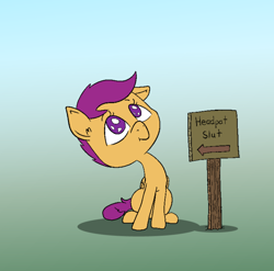 Size: 758x750 | Tagged: safe, artist:happy harvey, imported from derpibooru, scootaloo, pegasus, colored pupils, drawn on phone, ear fluff, female, filly, floppy ears, head pat, looking up, pat, phone drawing, sign, sitting, vulgar