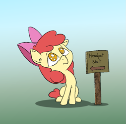 Size: 763x755 | Tagged: safe, artist:happy harvey, imported from derpibooru, apple bloom, earth pony, bow, colored pupils, drawn on phone, ear fluff, female, filly, floppy ears, hair bow, head pat, looking up, pat, phone drawing, sign, sitting, vulgar