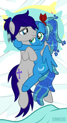Size: 656x1200 | Tagged: safe, artist:jennieoo, imported from derpibooru, oc, oc:maverick, oc:ocean soul, earth pony, elemental, pegasus, pony, bed, butt, cute, embrace, female, hug, love, lovers, male, mare, pillow, plot, ponytail, show accurate, soulverick, stallion