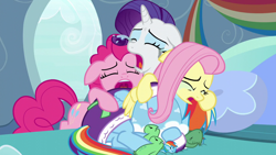 Size: 1280x720 | Tagged: safe, imported from derpibooru, screencap, fluttershy, pinkie pie, rainbow dash, rarity, tank, earth pony, pegasus, pony, tortoise, unicorn, tanks for the memories, bathrobe, clothes, crying, dashie slippers, fluttercry, makeup, mascarity, pathetic, pinkie cry, rarity being rarity, robe, running makeup, slippers, tank slippers, trio focus, uvula