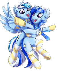 Size: 2400x3000 | Tagged: safe, artist:ravistdash, derpibooru exclusive, imported from derpibooru, oc, oc:ravist, oc:twilight thunder, pegasus, unicorn, derpibooru community collaboration, 2021 community collab, clothes, couple, duo, flying, hoof gloves, open mouth, scarf, simple background, smiling, sock, socks, striped socks, transparent background