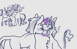 Size: 1321x847 | Tagged: safe, artist:doodlebetch, imported from derpibooru, moondancer, trixie, female, kissing, leonine tail, lesbian, lineart, monochrome, shipping, trickdancer, trixdancer