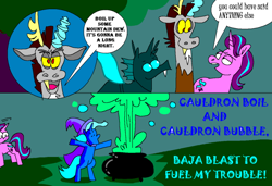 Size: 640x438 | Tagged: safe, artist:msponies, imported from derpibooru, discord, starlight glimmer, thorax, trixie, changeling, draconequus, pony, unicorn, cauldron, comic, female, male, mare, reformed four