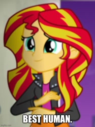 Size: 500x669 | Tagged: safe, imported from derpibooru, screencap, sunset shimmer, equestria girls, rainbow rocks, best human, caption, cropped, image macro, imgflip, solo, text