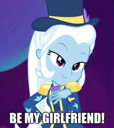 Size: 958x1080 | Tagged: safe, edit, edited screencap, imported from derpibooru, screencap, trixie, equestria girls, spring breakdown, bronybait, caption, female, image macro, solo, text