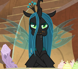 Size: 959x861 | Tagged: safe, imported from derpibooru, screencap, queen chrysalis, pony, frenemies (episode), cropped, cupcake, cute, cutealis, food, solo