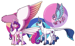 Size: 2122x1310 | Tagged: safe, artist:inuhoshi-to-darkpen, imported from derpibooru, princess cadance, princess flurry heart, shining armor, alicorn, earth pony, unicorn, chest fluff, cloven hooves, ear fluff, flying, hoof fluff, large wings, leonine tail, redesign, royal family, simple background, tail feathers, transparent background, wings