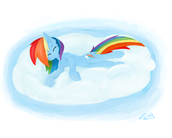 Size: 3600x2900 | Tagged: safe, artist:graphictoxin, artist:toxinagraphica, imported from derpibooru, rainbow dash, pegasus, pony, cheek fluff, cloud, eyes closed, female, fluffy, high res, lineless, lying down, lying on a cloud, mare, on a cloud, simple background, smiling, solo, white background, wings