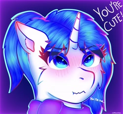 Size: 3128x2914 | Tagged: safe, artist:legionsunite, imported from derpibooru, oc, oc only, oc:magenta pulse, pony, unicorn, blatant lies, blushing, blushing ears, blushing profusely, ear blush, female, mare, ponytail, redraw, scrunchy face, solo