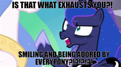 Size: 1280x718 | Tagged: safe, edit, edited screencap, imported from derpibooru, screencap, princess celestia, princess luna, a royal problem, angry, anti-bronybait, caption, irony, luna is not amused, meme, text, unamused