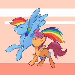 Size: 2048x2048 | Tagged: safe, artist:pfeffaroo, imported from derpibooru, rainbow dash, scootaloo, pegasus, pony, abstract background, duo, eyes closed, female, filly, flying, high res, mare, nose in the air, open mouth, profile, raised hoof, scootaloo can fly, smiling, spread wings, walking, wings