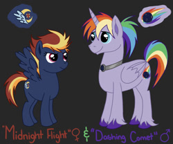 Size: 900x750 | Tagged: safe, artist:thetenthclass, imported from derpibooru, oc, oc only, oc:dashing comet, oc:midnight flight, alicorn, pegasus, black background, brother and sister, duo, female, magical lesbian spawn, male, mare, multicolored hair, offspring, parent:rainbow dash, parent:twilight sparkle, parents:twidash, rainbow hair, siblings, simple background, stallion