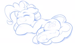 Size: 1785x1200 | Tagged: safe, artist:kurogewapony, imported from derpibooru, pinkie pie, earth pony, pony, blushing, cute, diapinkes, female, mare, monochrome, simple background, sleeping, smiling, solo, underhoof, white background