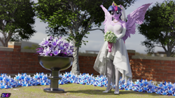 Size: 3840x2160 | Tagged: safe, artist:shadowboltsfm, imported from derpibooru, twilight sparkle, alicorn, anthro, plantigrade anthro, 3d, 4k, altar, big breasts, blender, bouquet, breasts, clothes, crown, dress, eyelashes, flower, high heels, jewelry, looking at you, necklace, not sfm, regalia, shoes, smiling, socks, solo, standing, thigh highs, twilight sparkle (alicorn), veil, wedding dress, wings