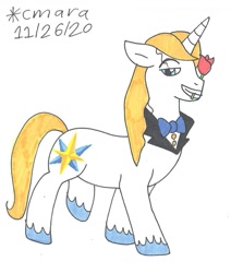 Size: 1025x1208 | Tagged: safe, artist:cmara, imported from derpibooru, prince blueblood, pony, unicorn, bedroom eyes, bowtie, flower, grin, male, mouth hold, rose, simple background, smiling, solo, stallion, traditional art, unshorn fetlocks, white background