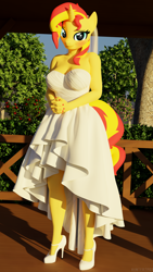 Size: 3240x5760 | Tagged: safe, artist:hunterz263, imported from derpibooru, sunset shimmer, anthro, plantigrade anthro, unicorn, 3d, 5k, blender, blushing, clothes, dress, female, high heels, looking at you, not sfm, outdoors, shoes, solo, veil, wedding dress