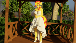 Size: 5760x3240 | Tagged: safe, alternate version, artist:hunterz263, imported from derpibooru, sunset shimmer, anthro, plantigrade anthro, unicorn, 3d, 5k, blender, blushing, clothes, dress, female, high heels, looking at you, not sfm, outdoors, shoes, solo, veil, wedding dress