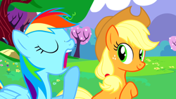 Size: 1280x720 | Tagged: safe, imported from derpibooru, screencap, applejack, rainbow dash, earth pony, pegasus, pony, a canterlot wedding, applejack's hat, cowboy hat, eyes closed, hat, hoof over mouth, open mouth, yawn