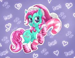 Size: 1671x1283 | Tagged: safe, artist:avui, imported from derpibooru, minty, earth pony, pony, candy, candy cane, christmas, clothes, cute, food, g3, holiday, mintabetes, minty(g3), socks, solo