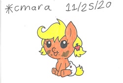 Size: 898x607 | Tagged: safe, artist:cmara, imported from derpibooru, applejack, baby applejack, earth pony, pony, :p, alternate hairstyle, baby, babyjack, diaper, female, foal, messy, simple background, sitting, solo, tongue out, traditional art, white background, younger