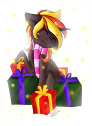 Size: 1280x1741 | Tagged: safe, artist:yuris, imported from derpibooru, oc, oc only, oc:java, pony, unicorn, christmas, clothes, holiday, present, scarf, solo