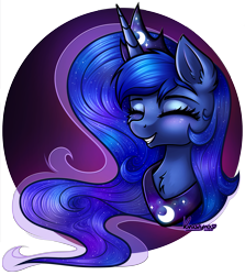 Size: 1849x2074 | Tagged: safe, artist:kruszyna25, artist:kruszynka25, imported from derpibooru, princess luna, alicorn, pony, abstract background, bust, cheek fluff, chest fluff, circle background, crown, cute, ear fluff, eyes closed, female, happy, jewelry, lunabetes, mare, portrait, regalia, smiling, solo