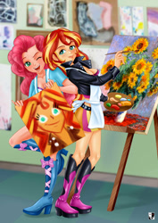 Size: 1000x1414 | Tagged: safe, artist:lord--opal, imported from derpibooru, pinkie pie, sunset shimmer, human, eqg summertime shorts, equestria girls, the art of friendship, bust, easel, flower, human coloration, paintbrush, painting, picture, portrait, sunflower