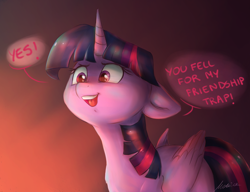 Size: 1770x1362 | Tagged: safe, artist:buttersprinkle, imported from derpibooru, twilight sparkle, alicorn, pony, all according to keikaku, dark, dialogue, female, floppy ears, glow, glowing, mare, neck fluff, open mouth, pure unfiltered evil, simple background, smiling, smirk, solo, speech bubble, that pony sure does love friendship, twilight sparkle (alicorn)