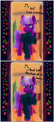 Size: 1045x2339 | Tagged: safe, artist:dummyhorse, artist:phutashi, imported from derpibooru, cheerilee, earth pony, pony, 2 panel comic, christmas, christmas lights, clothes, comic, dialogue, door, doorway, female, hearth's warming, hearth's warming eve, holiday, innuendo, looking at you, looking up, mare, mistletoe, open mouth, raised hoof, solo, sweater, talking to viewer