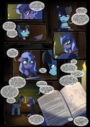 Size: 1240x1754 | Tagged: safe, artist:lunarcakez, imported from derpibooru, princess celestia, princess luna, oc, earth pony, pony, comic:the origins of hollow shades, book, comic, s1 luna