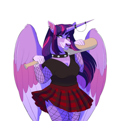 Size: 2000x2000 | Tagged: safe, artist:uunicornicc, imported from derpibooru, twilight sparkle, alicorn, anthro, baseball bat, chin fluff, clothes, colored wings, ear piercing, fishnets, horn, horn ring, multicolored wings, nose piercing, piercing, ring, shirt, simple background, skirt, solo, twilight sparkle (alicorn), white background, wings