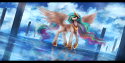 Size: 3500x1765 | Tagged: dead source, safe, artist:ventious, imported from derpibooru, princess celestia, alicorn, pony, cloud, letterboxing, solo