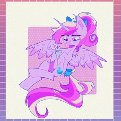 Size: 1242x1242 | Tagged: safe, artist:blairvonglitter, imported from derpibooru, princess cadance, alicorn, pony, bow, bubblegum, ear fluff, food, gum, hair bow, heart, phone, pictogram, ponytail, solo, speech bubble, tail bow, teen princess cadance, teenager, younger
