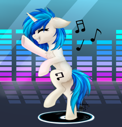 Size: 3512x3650 | Tagged: safe, artist:alfury, artist:starshade, imported from derpibooru, dj pon-3, vinyl scratch, pony, unicorn, bipedal, chest fluff, collaboration, cute, eyes closed, female, floppy ears, horn, mare, music notes, smiling, solo