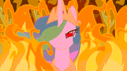 Size: 960x540 | Tagged: safe, artist:nicoboss143, edit, imported from derpibooru, princess celestia, pony, evil grin, female, fire, gif, grin, gritted teeth, inverted mouth, looking at you, mare, non-animated gif, red eyes, red eyes take warning, smiling, snaplestia