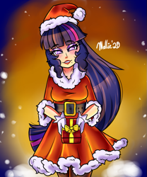 Size: 625x750 | Tagged: safe, artist:melliedraws, imported from derpibooru, twilight sparkle, human, christmas, clothes, female, gloves, hat, heart, heart eyes, holiday, humanized, looking at you, present, santa hat, skirt, solo, wingding eyes