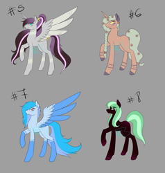 Size: 3335x3500 | Tagged: safe, artist:minelvi, imported from derpibooru, oc, oc only, alicorn, earth pony, pegasus, pony, unicorn, alicorn oc, base used, earth pony oc, gray background, horn, one wing out, pegasus oc, raised hoof, simple background, two toned wings, unicorn oc, wings