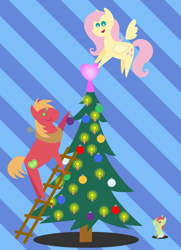 Size: 1872x2592 | Tagged: safe, anonymous artist, imported from derpibooru, big macintosh, fluttershy, oc, oc:late riser, earth pony, pegasus, pony, series:fm holidays, series:hearth's warming advent calendar, abstract background, advent calendar, baby, baby pony, candle, christmas, christmas ornament, christmas tree, colt, decoration, drool, family, female, fluttermac, hearth's warming, hearth's warming tree, holiday, hoof sucking, ladder, lineless, looking up, male, offspring, parent:big macintosh, parent:fluttershy, parents:fluttermac, pointy ponies, shipping, straight, tree