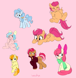 Size: 768x788 | Tagged: safe, artist:breezietype, imported from derpibooru, apple bloom, babs seed, cozy glow, peachy pie, petunia paleo, scootaloo, earth pony, pegasus, pony, blushing, clothes, cute, female, filly, flying, jacket, lying down, open mouth, pink background, prone, scarf, scootaloo can fly, simple background, sketch, sketch dump