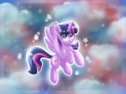 Size: 2000x1500 | Tagged: safe, artist:avui, imported from derpibooru, twilight sparkle, alicorn, pony, flying, shine, sky, solo, sparkles, stars, twilight sparkle (alicorn), wings