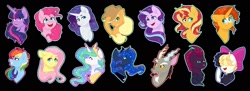 Size: 1704x620 | Tagged: safe, artist:silentwolf-oficial, imported from derpibooru, applejack, discord, fluttershy, pinkie pie, princess celestia, princess luna, rainbow dash, rarity, songbird serenade, starlight glimmer, sunburst, sunset shimmer, tempest shadow, twilight sparkle, alicorn, draconequus, earth pony, pegasus, pony, unicorn, my little pony: the movie, 2019, :d, black background, bow, broken horn, bust, female, glasses, grin, hair bow, horn, male, mane six, mare, open mouth, peytral, raised hoof, simple background, smiling, stallion, twilight sparkle (alicorn)